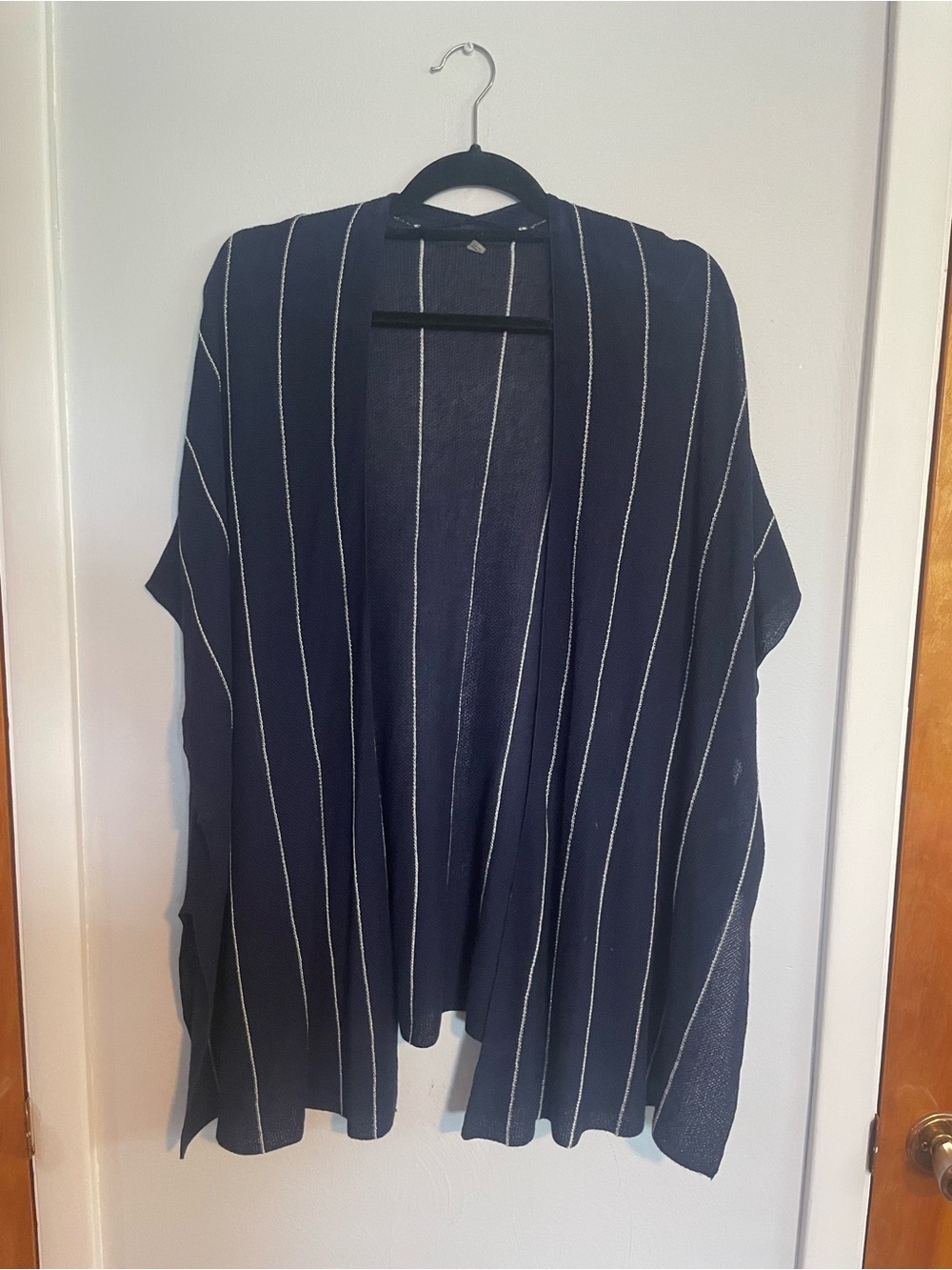 August Silk Navy and white/silver Stripe Open-Front Women's Cardigan L